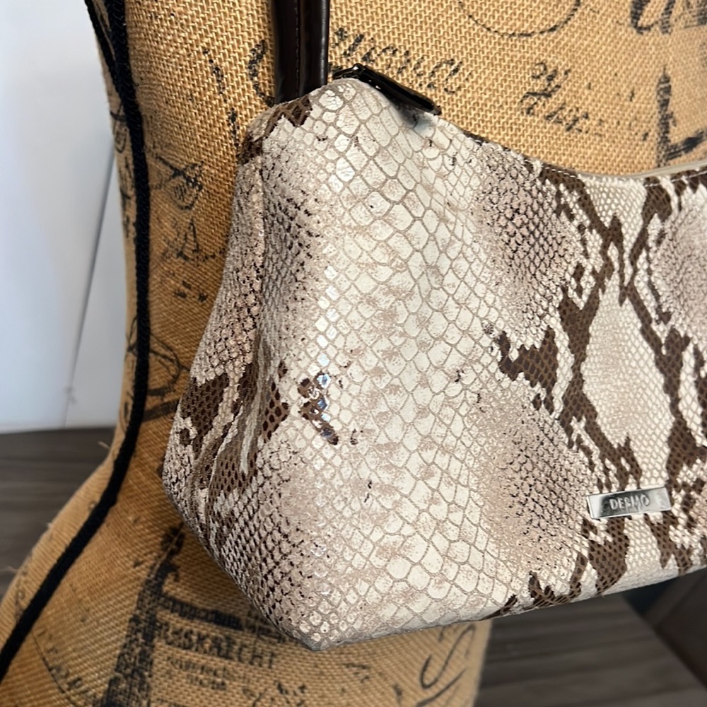 Snake-Print Shoulder Bag in Cream & Brown - Designer Style - Picture 2 of 16